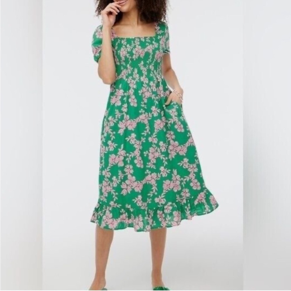 J. Crew Floral Smocked Puff Sleeve Midi Dress